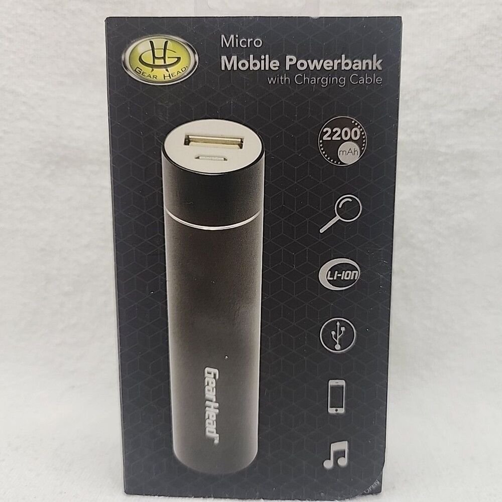 Powerbank Pocket-Size 2200mAh Mobile PB2200BLK w/USB Charging Cable Gear Head